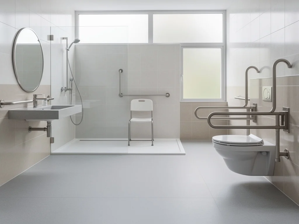 Salle de bain PMR spacieuse, sans obstacle pour circuler en fauteuil