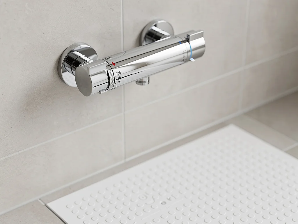 Mitigeur thermostatique anti-brûlure au-dessus d'un receveur antidérapant