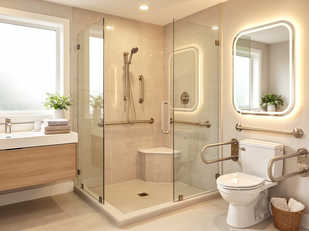 Salle de bain senior rénovée, claire et chaleureuse, avec douche accessible
